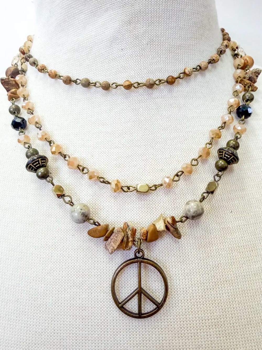 Laurie Short Boho Multi-Strand Natural Stone Peace Sign Necklace